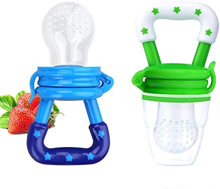 Baby Fresh Food Feeder Silicone Feeder Silicone Teether Feeder Pacifier Toy with Handgrip for Boys and Girls 2 PCS (6-12 Months, Blue,Green)