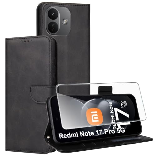 Effcotuo Hülle für Xiaomi Redmi Note 17 Pro 5G Case mit 1 Schutzglas Panzerglas Schutzfolie, Klappbar Schutzhülle Leder Flip Case Kartenfach Ständer Handytasche Hüllen Etui Cover Klapphülle - Schwarz