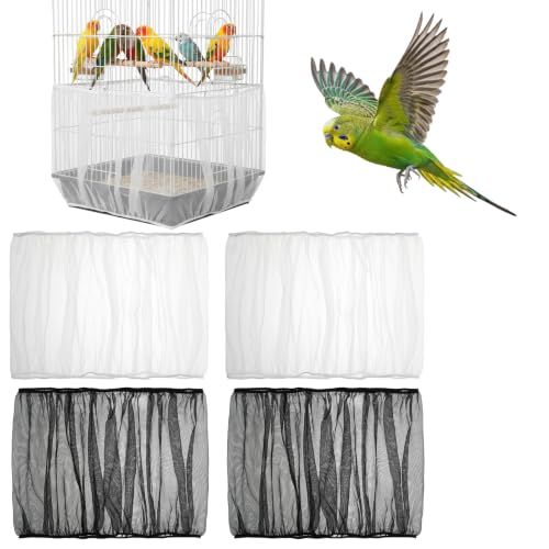 Amaxiu 4 Pack Bird Cage Seed Catcher, Adjustable Breathable Mesh Netting Bird Cage Skirt Cover, Universal Elastic Seed Catcher Net for Bird Cages, Parrot Parakeet Cage Accessories, Black and White