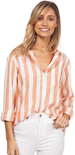 CAMIXA Women's Striped Shirt Casual Long Sleeve Button-Down Drapy Linen Blouse XS Orange/White