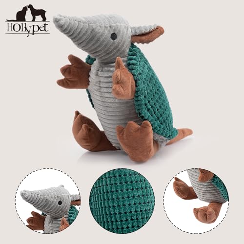 Image of Hollypet Plush Dog Squeaky Toy Stuffed Armadillo Animal Pet Puppy Chew Toys with Clean Teeth for Small Medium Large All Breed Sizes Dogs, Deep Green, 14 in