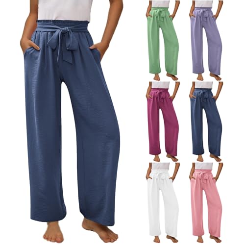 Girls Comfy Linen Pants Casual Summer Belted Elastic Waist Loose Soft Workout Trousers for Kids 4-14 Years2