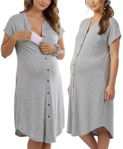 Image of PATPAT Maternity Nursing Nightgown for Pregnancy & Postpartum,Button-Front V-Neck Breastfeeding Sleep Dress with Pockets