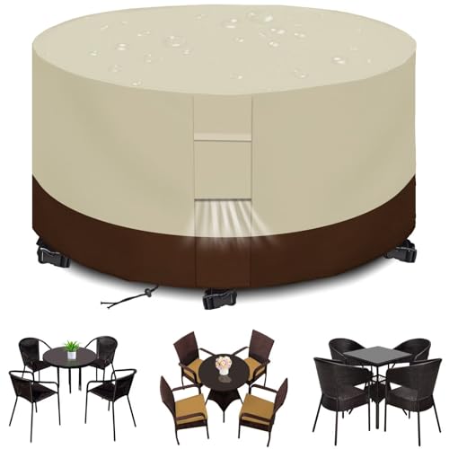 Ryanbem Fundas para Muebles de Jardín Exterior Impermeable Funda Mesa Jardin con Orificios de Ventilación, Redonda Funda Protección para Muebles 420D Oxford Anti UV Beige Marrón 120x75cm(47"x30")