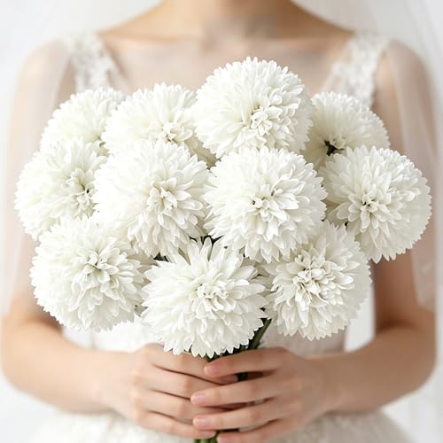 Tinsow 12PCS Artificial Ball Chrysanthemum Faux Flowers Bouquet White by Tinsow - Used condition - Image 5
