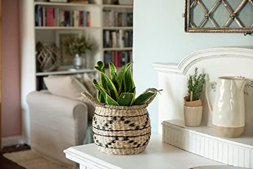 Decorasian Decorative Basket Woven Seagrass with Ethnic Pattern - Decorative Raffia Basket with Handle - Window Sill Planter