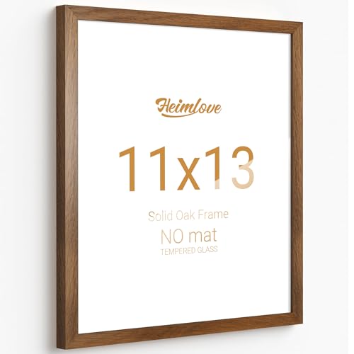 Heimlove 11x13 Picture Frames Solid Oak Wood 13 x 11 Photos Frame with Tempered Glass Wall Gallery Poster Frame with No Mat Horizontal and Vertical for Wall Mounting Home Office Decoration Walnut Color