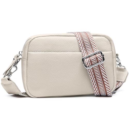 Image of Small Crossbody Bags for Women Genuine Leather, Guitar Strap Shoulder Handbag Purse Camera Bag with Rfid Card Slots, Beige
