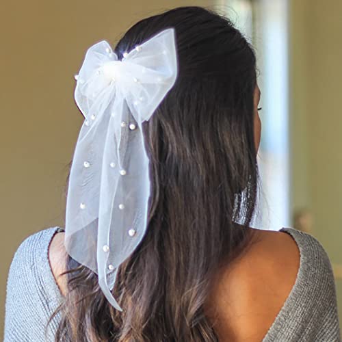 Jonky Light Up Bridal Hair Bow White Pearl Hair Clip Short Veil Led Tulle Bow-Knot Wedding Barrettes Bachelorette Party Hair Accessories For Women And Girls (Colorful Lights) #TOP4