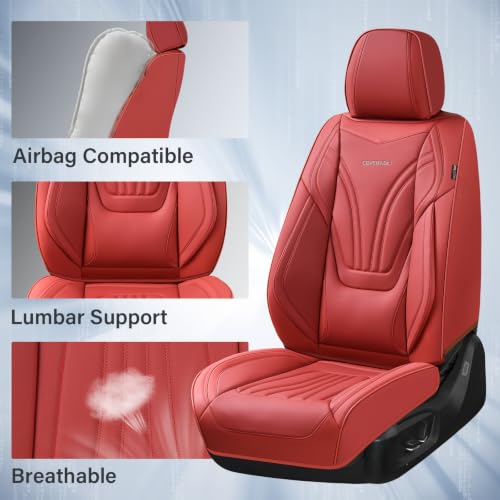Image of Coverado Car Seat Covers Front Seats, 2 Piece Car Seat Protector with Lumbar Support & Removable Headrest, Breathable Leather Seat Cushion Universal Fit for Truck Automotive Vehicles Red