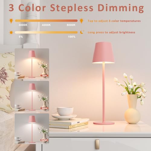 Image of Kakanuo Pink Cordless Table Lamps, Rechargeable Lamp, Battery Operated Lamps, Touch Control Table Lamps, 3 Color Temperature, Stepless Dimmable, LED Portable Wireless Battery Lamp, Set of 2