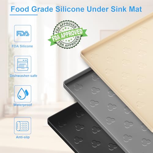 Under Sink Mat - Waterproof Kitchen Cabinet Tray - 34" x 22" Flexible Silicone Under Sink Liner - Kitchen Bathroom Cabinet Mat and Protector for Drips Leaks Spills
