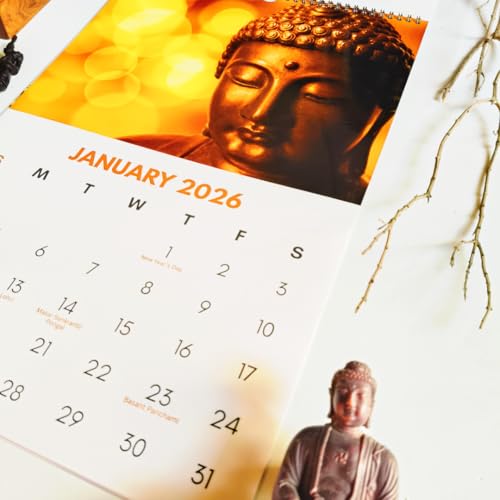 Image of 12 inchx18 inch Buddha Wall Calendar 2026 | HD Buddha Images | Bold Date Grid | Gloss Laminated | Indian Holidays | Wiro-Bound