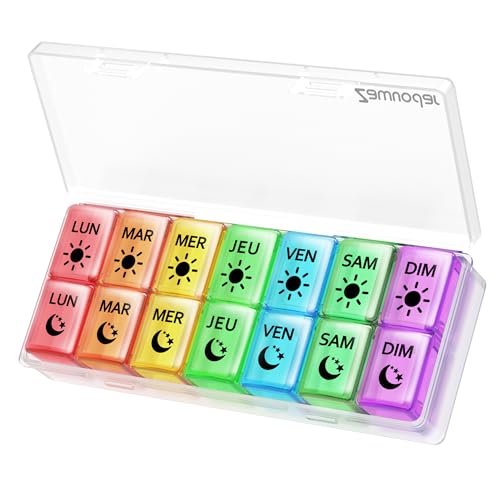 Pilulier Semainier Français Matin et Soir, Grand Pilluliers Medicaments 7 Jours 2 Compartiments Pilulier Hebdomadaire 2 Fois par Jour (Multicolore)
