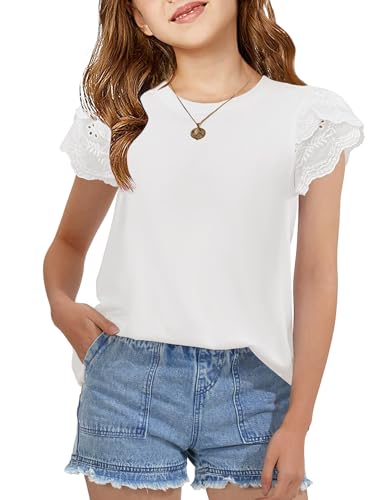 Arshiner Girls T Shirts Lace Petal Short Sleeves Kids Crewneck Casual Blouse Summer Tops Tees