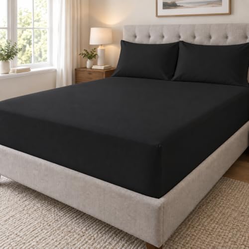 Image of British Home Bedding - 100% Egyptian Cotton 200 Thread Count Fitted Bed Sheet (Black, Double)