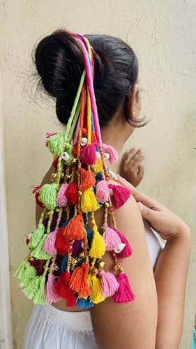 Image of Zippy Flora Boho Handmade Colorful Hair Strings for Navratri | Ethnic Look Bohemian Styling Hair Accessories for Women & Girls | Multicolor Braided Hairband, Thread Hair Extensions for Festive Hairstyles (Phuljhadi String, Multi Bright Colors)
