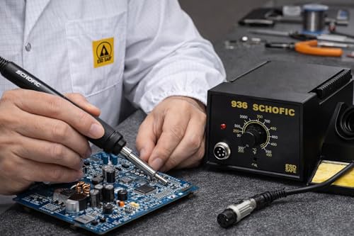 Image of SCHOFIC 936 Rework Soldering Station Set with Soldering Iron Handle, Iron Holder, High Temperature Resistant Sponge, Manual, and Power Plug