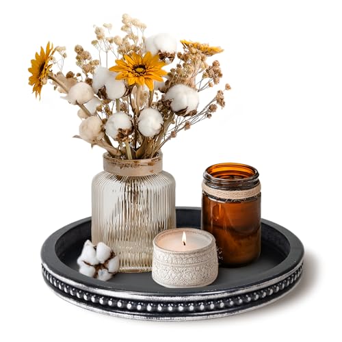 Decorative Serving Tray Wood-Wooden Tray for Decor, White Farmhouse Bead