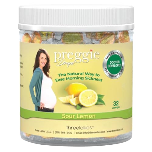 Image of Three Lollies Preggie Drops Pregnancy Nausea Relief Drops with Essential Oils, Morning Sickness and Queasy Stomach Support for Pregnant Women, Sour Lemon, 32 Count