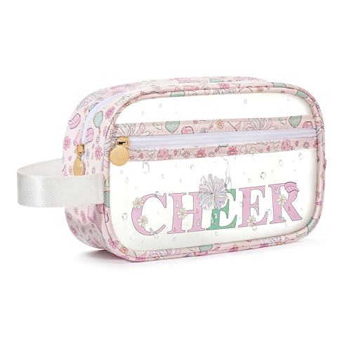 Image of COSHAYSOO Clear CHEER Makeup Bag Cheerleader Team Gifts Cheerleading Hair Skincare Cosmetic Accessories Organizer for College Women Teen Girls, Small Waterproof Travel Pouch for Purses Backpack Tote