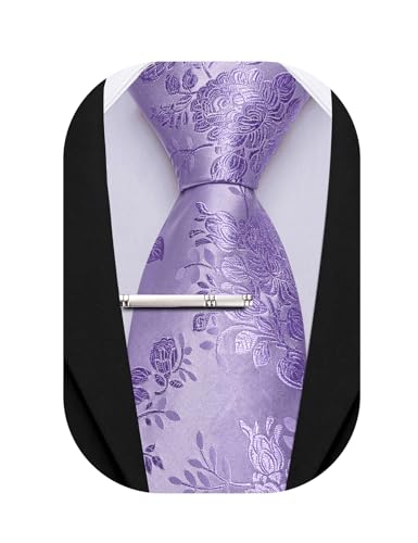 Image of Barry.Wang Mens Ties Silk Solid Color Lavender Floral Woven Neckties and Tie Clip Set Casual Formal Wedding Business