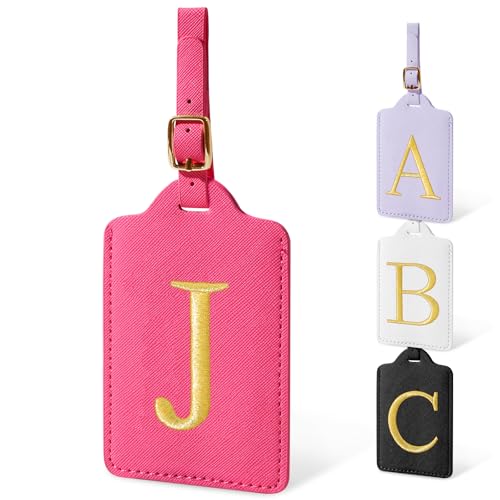 Image of Personalized Initial Luggage Tags for Suitcases, Cute PU Leather Embroidered Letter Travel Luggage Tags, Suitcase Identifier Name Baggage Tag, Bag Tags for Men Women Kids Luggage Handbags(Rosered J)