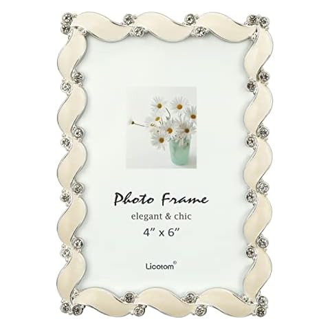 Licotom Waves design Metal Picture Frame Silver with Ivory White Enamel and Crystals 4x6 inch Cover