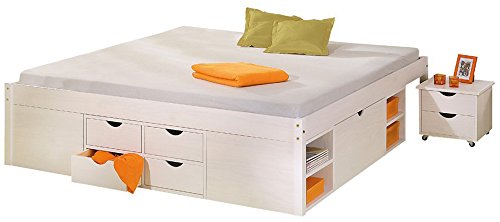 PEGANE lit Multi-rangements en Coloris Blanc, 160 x 200 cm