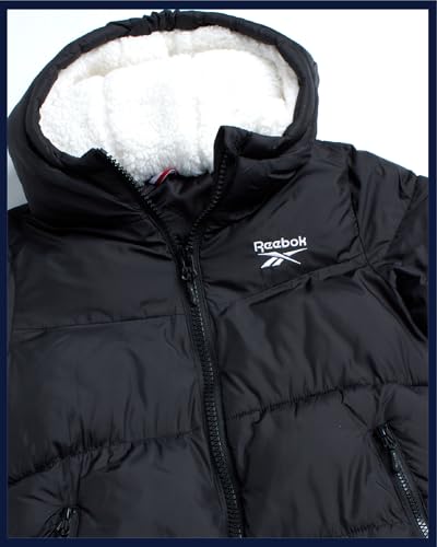 Image of Reebok Girls Heavyweight Poly Taffeta Puffer Jacket with Sherpa Hood | Insulated Quilting Locks in Warmth, Zip-Up Closure, Secure Pockets for Gloves, Cozy Protection for Cold-Weather Play