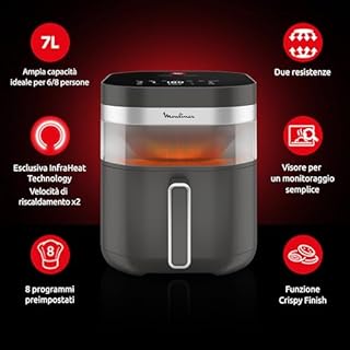 Moulinex Easy Fry Infrared, Friggitrice ad Aria 7L, Doppia Resistenza, Riscaldamento 2 Volte Più Veloce, Cottura Rapida, Lavabile in Lavastoviglie, Finestra di Osservazione, Colore Coal Grey, EZ832H