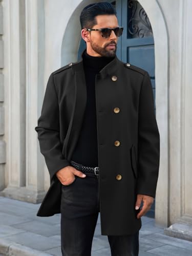 Runcati Mens Trench Coat Double Breasted Stand Collar Pea Coat Casual Fall Winter Warm Mid Long Overcoat2
