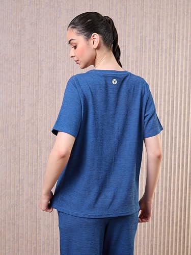 Image of TECHNOSPORT Women Relaxed Fit Cubic Melange Round Neck T-Shirt | Quick Dry Polyester Casual Tee with UPF 50+ UV Protection, Anti-Microbial & Double Cool Technology