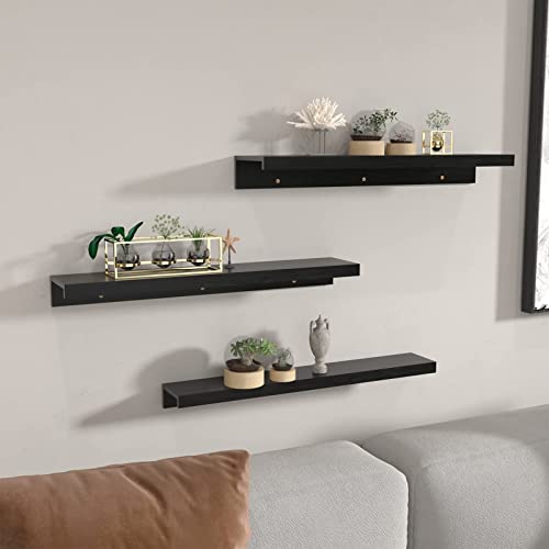 Giftgarden 16 Inch Black Floating Shelves For Wall Mount, Woodgrain Wall Shelf Ledge For Bathroom Bedroom Kitchen Living Room Office Storage, Set Of 3 Different Sizes #TOP6