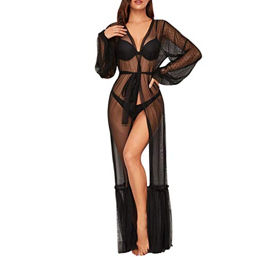 SamMoSon_Donna Lingerie per Le Donne Abito Lungo Sexy in Pizzo Abito Puro Vedere Attraverso Kimono Robe - 2019 Intimo Donna Sexy Body Hot Top Taglie Forti Set Modellante Leg Completino (Nero, S)