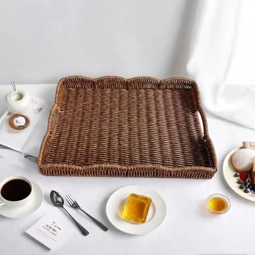 Bandeja festoneada rectangular de mimbre Muzrunq con asas integradas para servir 14.8x11x2" 7