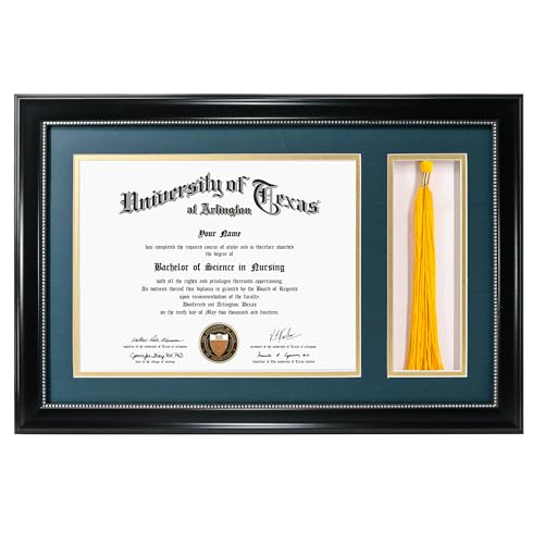 GraduationMall 11x17 Black Diploma Frame with Tassel Holder for 8.5x11 Certificate Document,Real Glass, Navy over Gold Mat