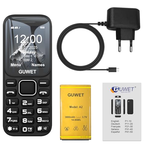 Guwet A2 2G Mobile Seniorenhandy ohne Vertrag, Großkapazitätsakku, Lange Standby-Zeit, Rentner Handy große Tasten, Dual SIM mit Notruftaste, Schwarz