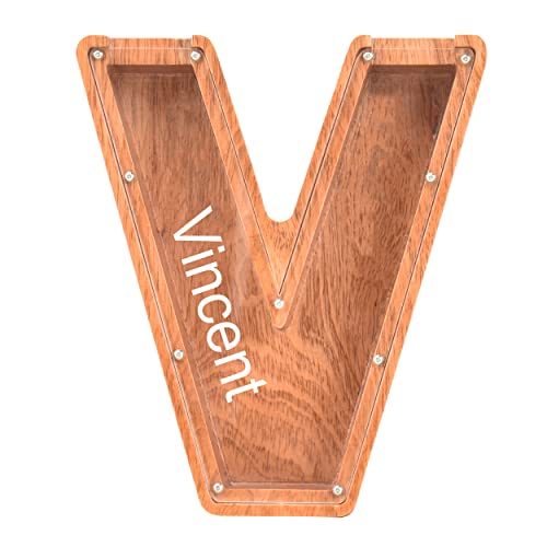 Tirelire en bois avec nom personnalisé pour enfant, tirelire en forme de lettre de l'alphabet personnalisée, cadeau pour garçon et fille, Noël, anniversaire, Nouvel An (V) Cover
