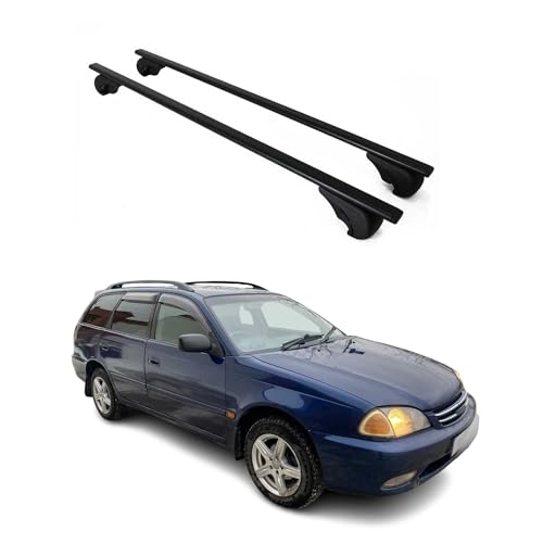 OMAC Barras portaequipajes básicas compatibles con Toyota Caldina Kombi 1997 – 2007, metal, 75 kg, color negro, 2 piezas, para portabicicletas, cajas de techo, portaesquís, con cerradura