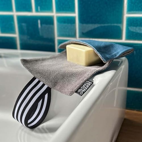 seifenstars - Seifentasche aus Baumwolle für feste Seife - Aufbewahrung beim Sport oder für die Reise – 13,5 x 8 cm Farbe Petrol/Grau