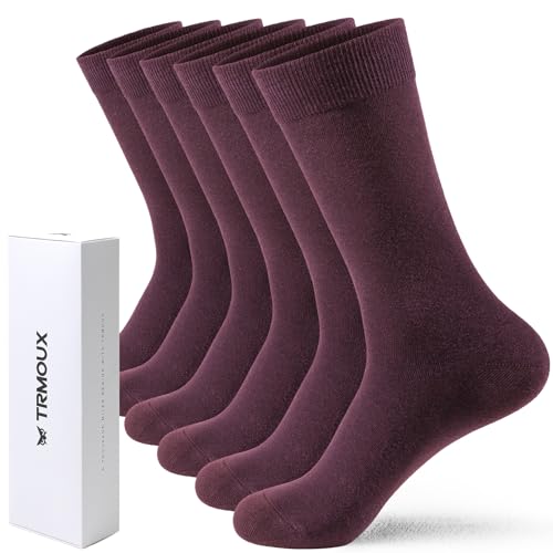 TRMOUX Mens Dress Crew Socks - Plain Colors Lightweight Classic Cotton Soft & Breathable Dress Socks for Men 6-Pack (11-15 6 Pairs Solid Burgundy)