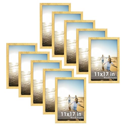 Image of Golden State Art, 11x17 Gold Picture Frame Made of Solid Wood and Tempered Glass - Wall Mounting - Great for Posters, Weddings, and Engagements, 10 Pack