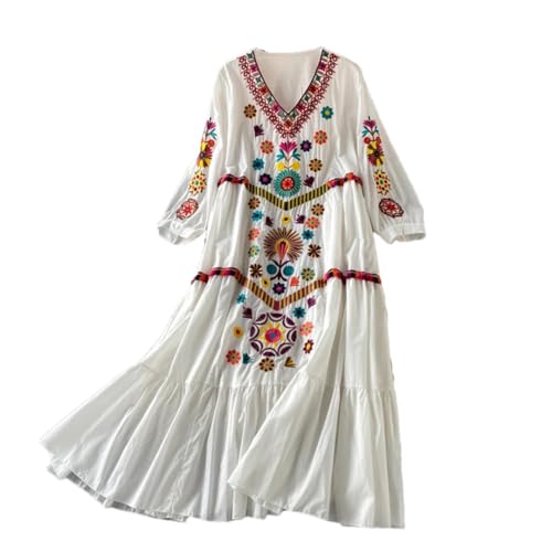 Women Floral Embroidery Vintage Beach Dress Short Sleeve V-Neck C...