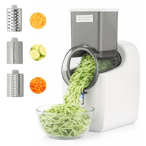 FERNVALE Electric Cheese Grater Automatic Rotary Vegetable & Fruit Slicer with 3 Interchangeable Blades Multi Grater Shredder for Cheese Carrot Cucumber Potato Home Kitchen Food Processor White