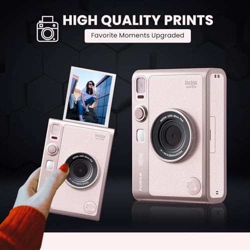 Image of Fujifilm Instant Mini EVO Hybrid Camera Bundle with 20 Instant Film Sheets + 32GB Memory Card + Carrying Case + Flex Tripod + BluebirdSales Cleaning Cloth (Gentle Pink)