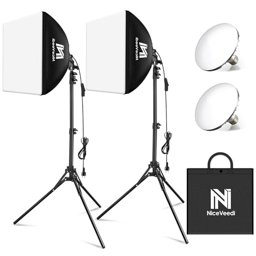 Niceveedi Photography Light Kit, 5400K Softbox Light With 160cm Tripod Stand &50W/450W Equivalent LED Bulb, Continuous Studio Lighting for Video Recording/Live Streaming/Selfie/Camera Filming (2-PACK)