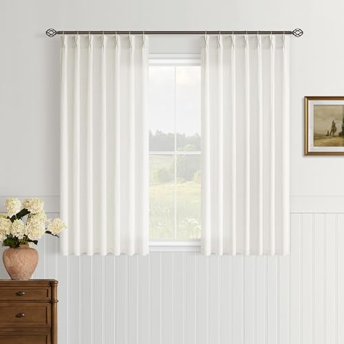 Image of Cream Semi Sheer Linen Pinch Pleated Curtains 45 Inch Long