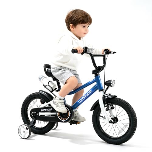 Image of WinHope Kids Bike with Headlight, 12-20 Inch Pedal Bike for 2-12 Boys Girls | Steel Frame with Training Wheels Water Bottle | Dual Brake for Summer Outdoor Riding | Birthday Gift for Toddlers