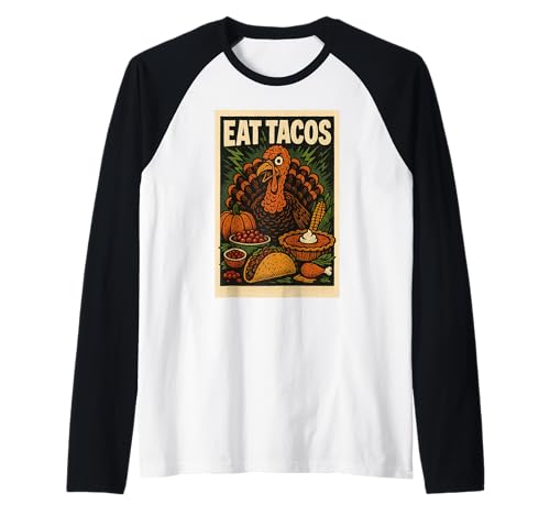 Eat Tacos Thanksgiving Turkey Vintage Horror Comic Poster Raglan Baseball Tee